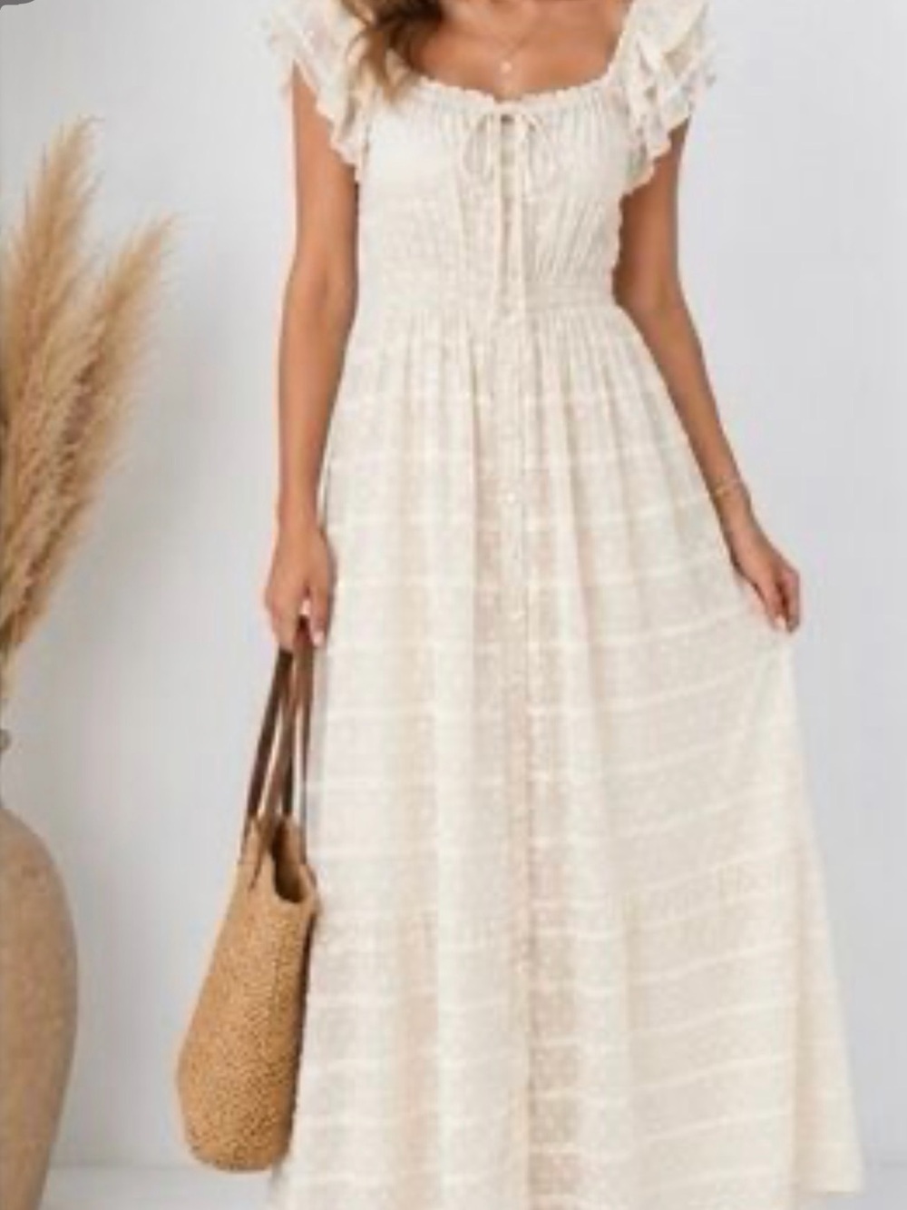 Smocked Bodice Cream Maxi Dress with Ruffle Sleeves